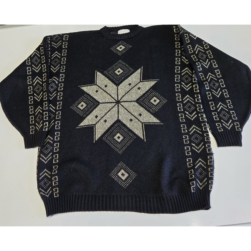 Vintage 80s Ellen D Kollection Black Gold Snowflake Knit Sweater Oversized Med